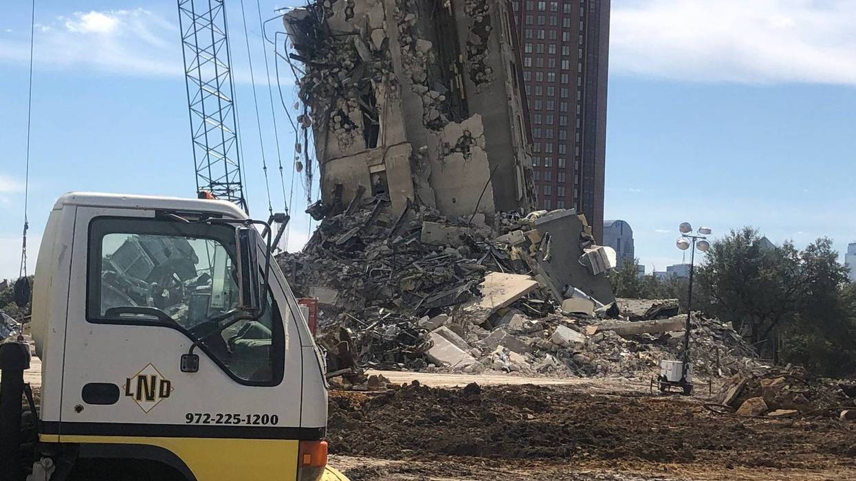 Leaning Tower of Dallas on its final day of destruction
