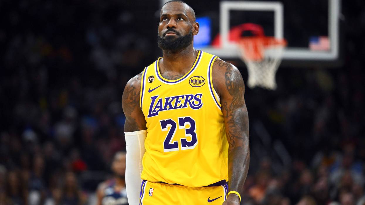 LeBron James #23 of the Los Angeles Lakers reacts during the fourth quarter against the Cleveland Cavaliers at Rocket Arena on January 28, 2026 in Cleveland, Ohio.