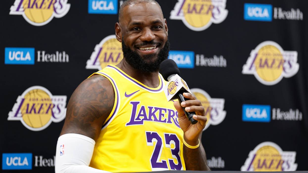 LeBron James #23 of the Los Angeles Lakers speaks with the media during Los Angeles Lakers Media Day at UCLA Health Training Center on September 29, 2025 in El Segundo, California.