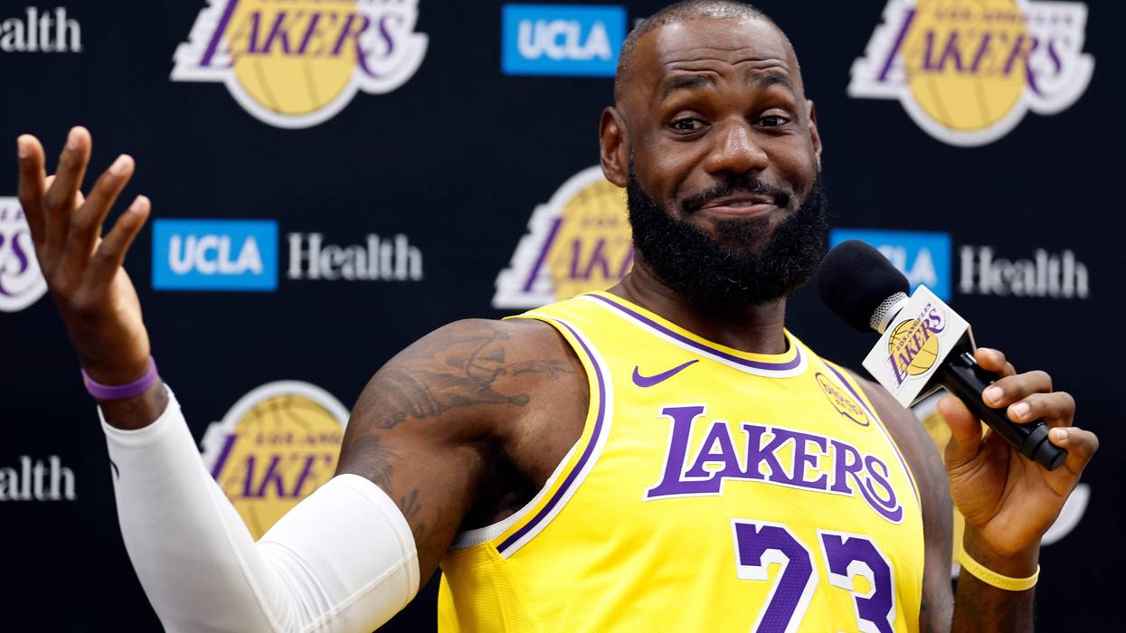 LeBron James #23 of the Los Angeles Lakers speaks with the media during Los Angeles Lakers Media Day at UCLA Health Training Center on September 29, 2025 in El Segundo, California.
