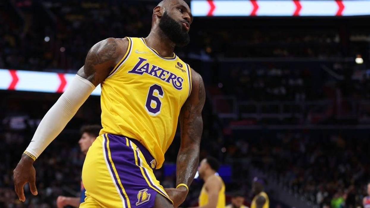 LeBron James #6 of the Los Angeles Lakers reacts after shooting a basket against the Washington Wizards during the first half at Capital One Arena on March 19, 2022, in Washington.