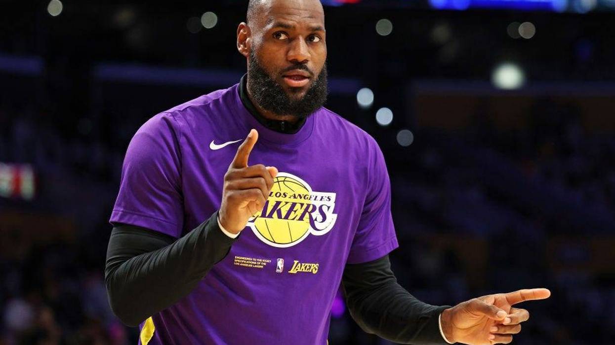 LeBron James #6 of the Los Angeles Lakers warms up before playing against the Denver Nuggets in game three of the Western Conference Finals at Crypto.com Arena on May 20, 2023 in Los Angeles, California.