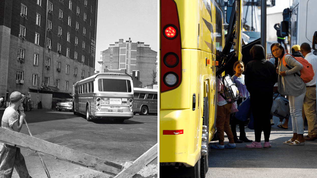 Left: A bus of Freedom Riders pictured on June 13, 1961. Right: Venezuelan migrants gather at the Vineyard Haven ferry terminal on Sept. 16, 2022. The group was transported to Joint Base Cape Cod in Buzzards Bay.