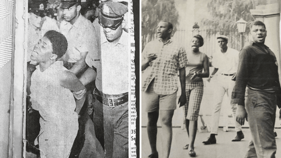 Left: A newspaper clipping of Karen Asper Jordan being arrested at a protest in the late 1960s. Right: Demonstrators at Girard College.