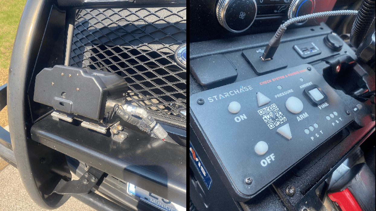Left: A Star Chase device affixed to the front of an Oak Brook Police Department vehicle. Right: Star Chase controls inside of an Oak Brook Police Department vehicle.