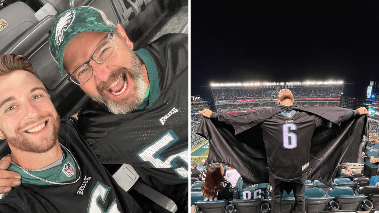 Left: Mike Baumgarten and his dad, Kurt. Right: Mike Baumgarten at an Eagles game.