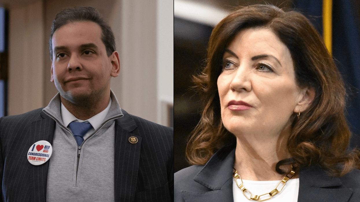 Left: Rep. George Santos, R-NY., is seen in the Longworth House Office Building on Capitol Hill in February. Right: Gov. Kathy Hochul at a subway safety press conference in January