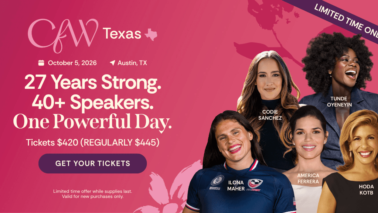 Left side depcits CFW Texas, 27 years strong, 40+ speakers, One powerful day. Right side depicts special guest speakers.