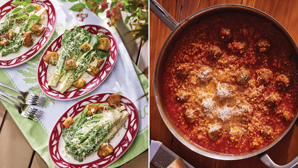 Left: Tehina Caesar salad. Right: Israeli couscous and meatballs.