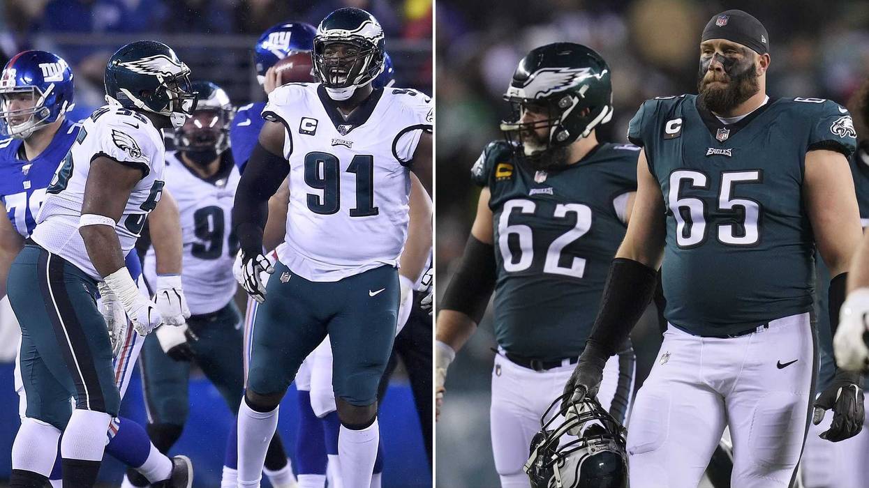 Left to right: Philadelphia Eagles defensive linemen Brandon Graham and Fletcher Cox, offensive linemen Jason Kelce and Lane Johnson.