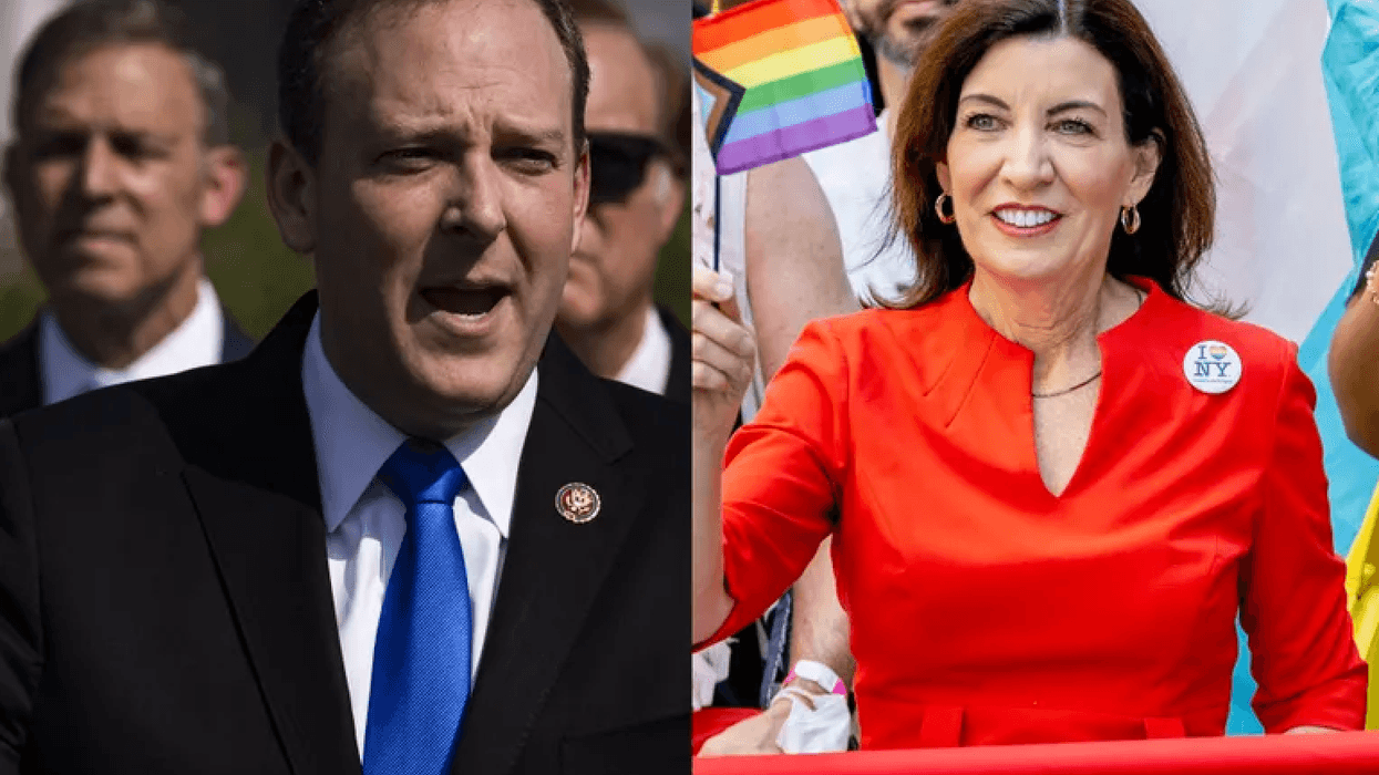 Left to right: Rep. Lee Zeldin speaks during a news conference at the U.S. Capitol in Washington, D.C., U.S., on Thursday, May 20, 2021. Gov. Kathy Hochul marches during the 2022 New York City Pride March on June 26, 2022 in New York City.