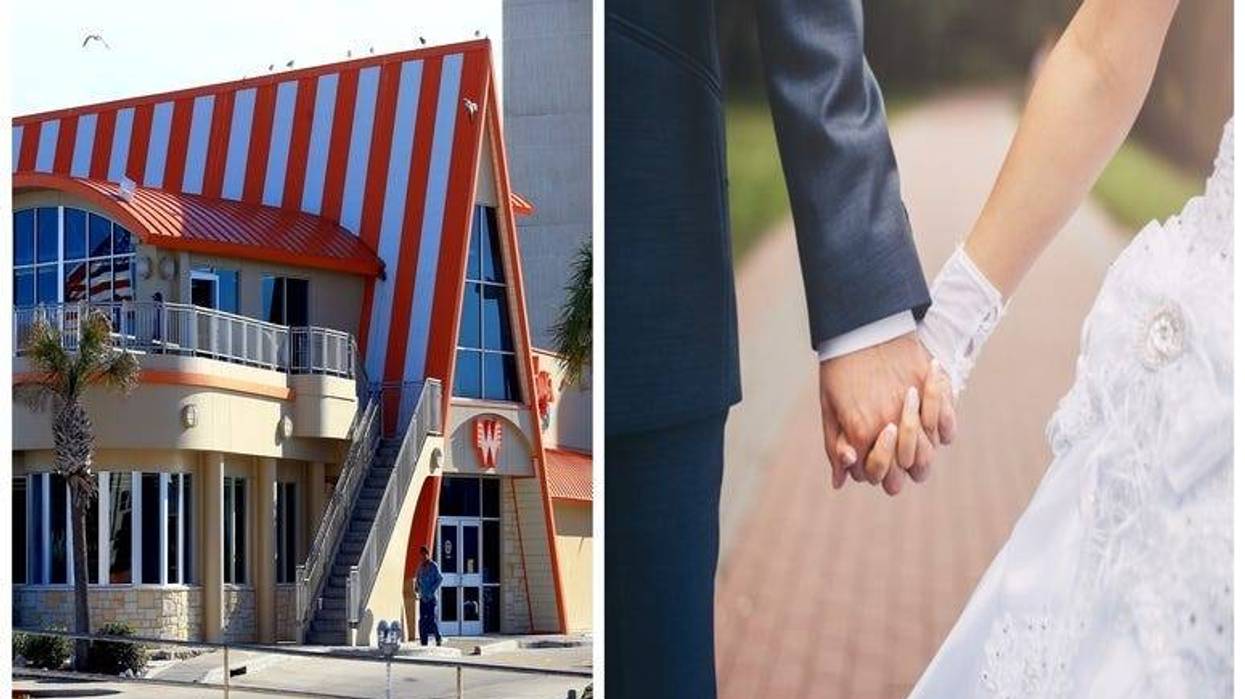 (Left) Whataburger, bride and groom holding hands (Right)