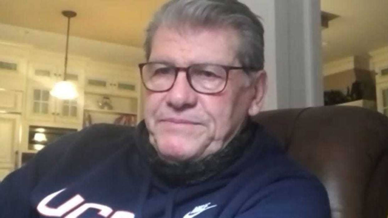 Legendary UConn coach Geno Auriemma met reporters via Zoom after testing positive for COVID-19, 3/15/21.