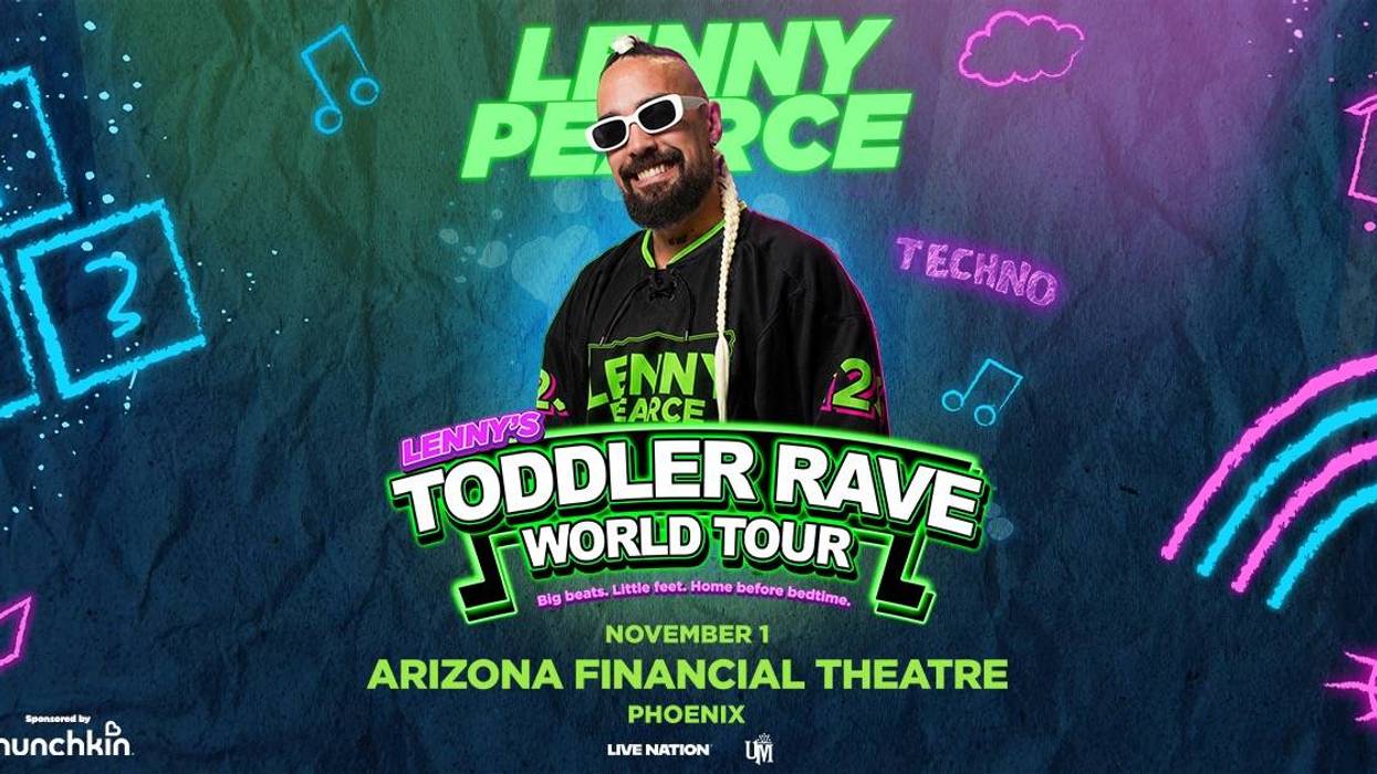 Lenny Pearce's Toddler Rave World Tour poster with smiling DJ and neon kid-themed graphics.