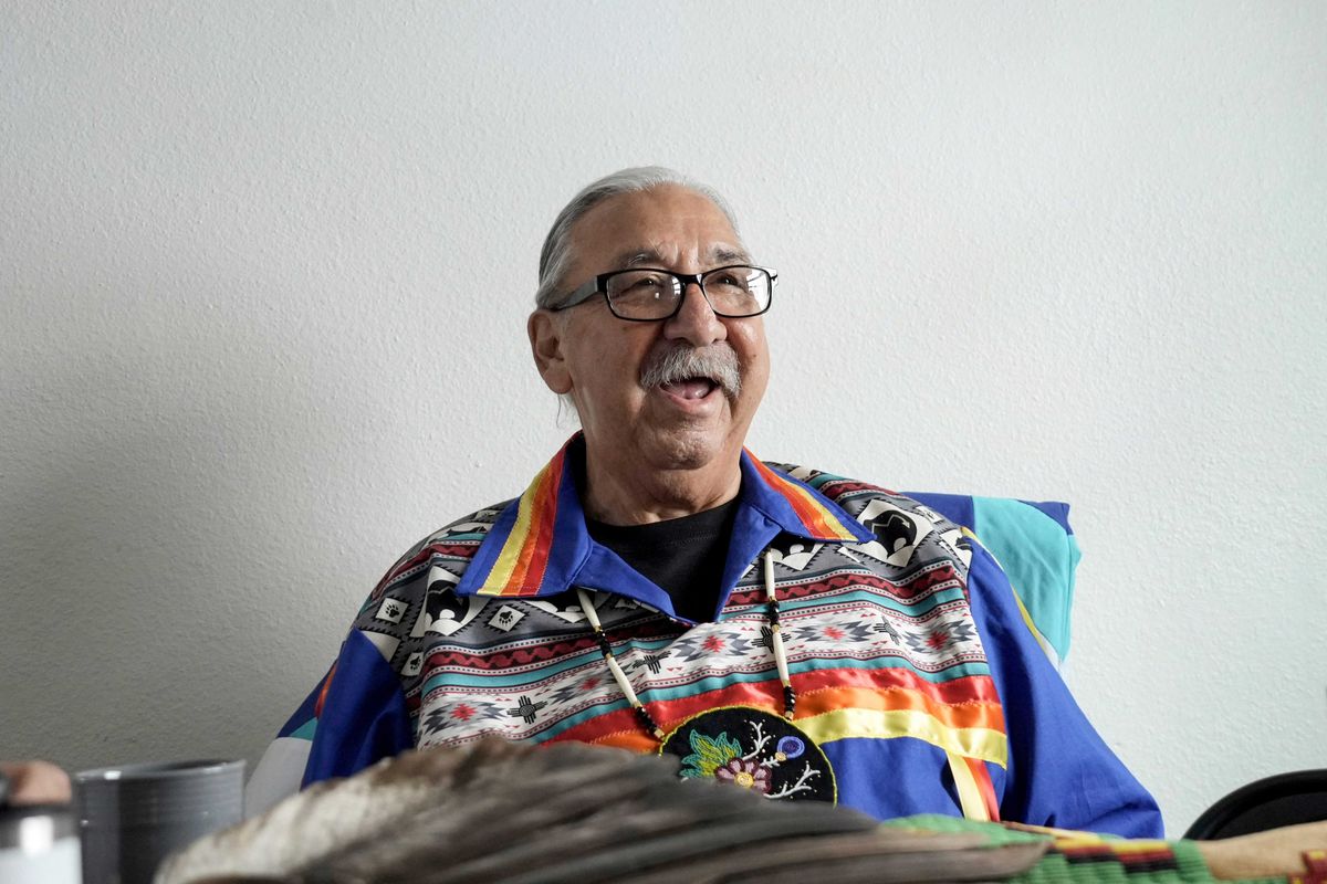 Leonard Peltier speaks during an interview in Belcourt, N.D, on Tuesday, Feb. 25, 2025.