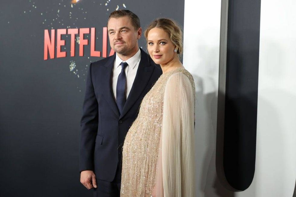 Leonardo DiCaprio and Jennifer Lawrence attend the world premiere of Netflix