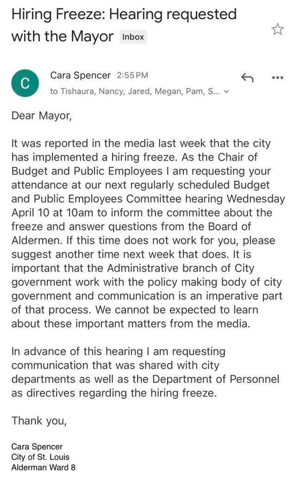 Letter from Alderwoman Cara Spencer to St. Louis City Mayor Tishaura Jones requesting she attend a public meeting to discuss the hiring freeze