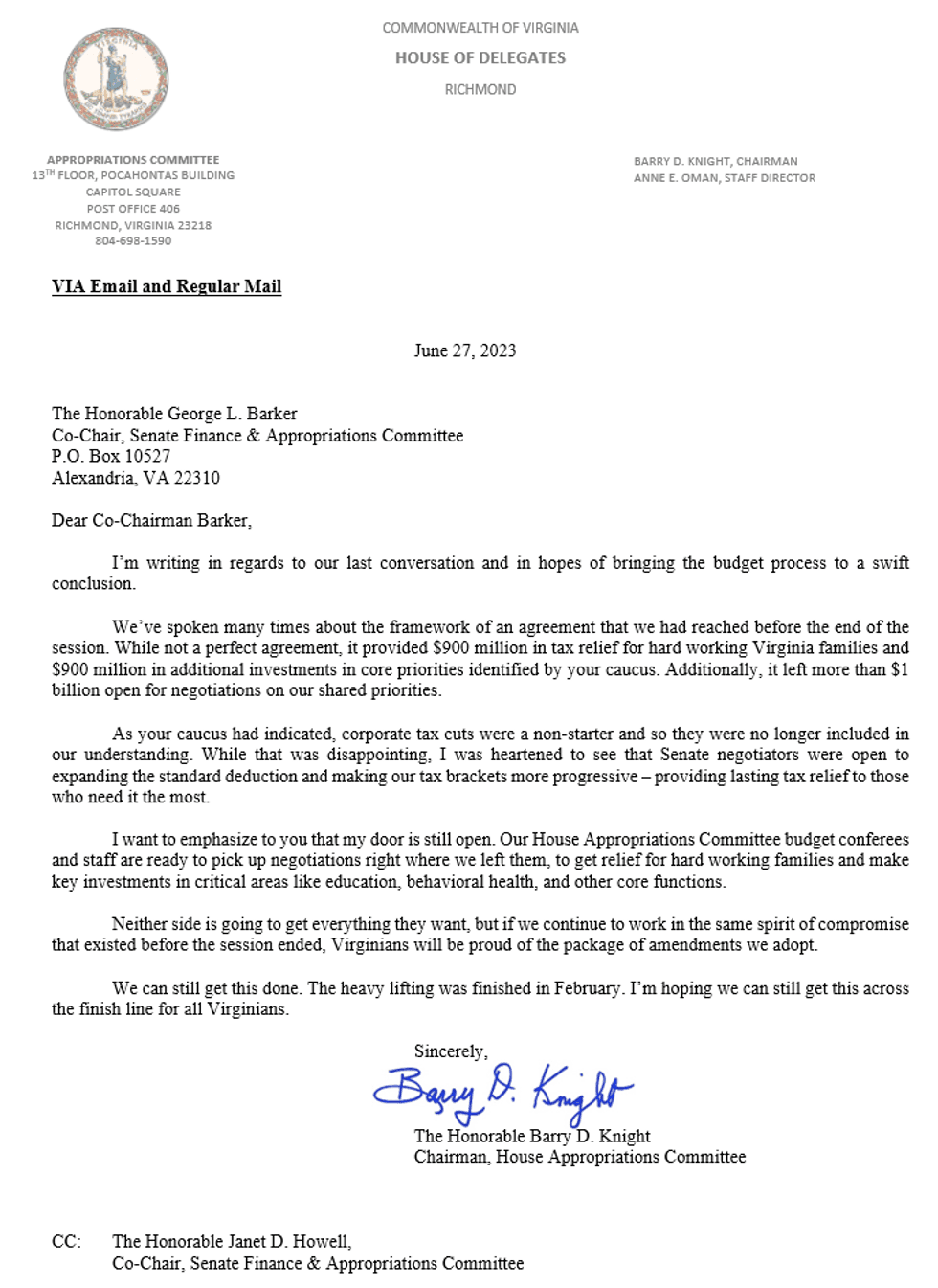 Letter from Delegate Barry Knight to Senator George Barker