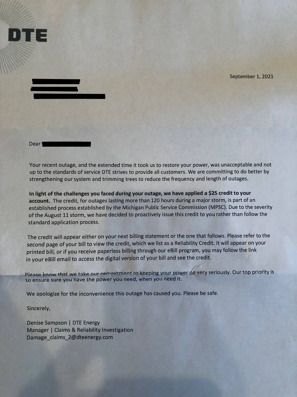 Letter from DTE Energy