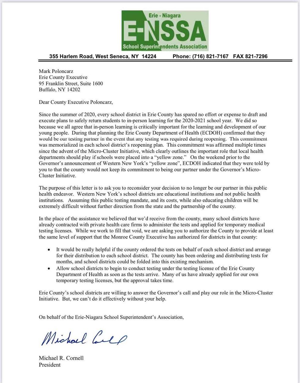 Letter from Erie Niagara Superintendents Association
