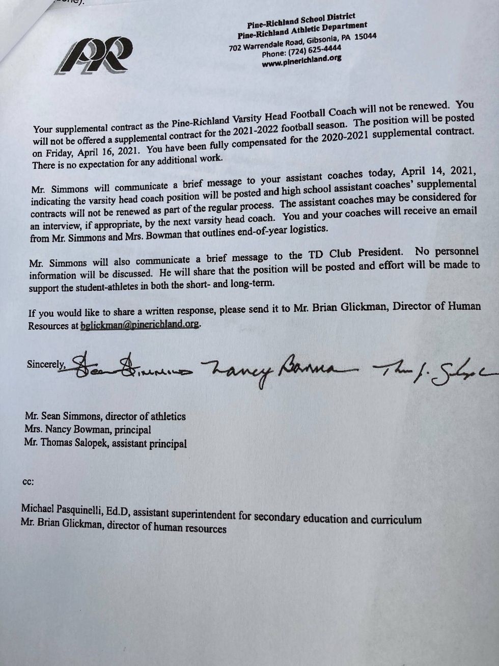 Letter from the Pine-Richland School District to football coach Eric Kasperowicz informing him that his contract would not be renewed.