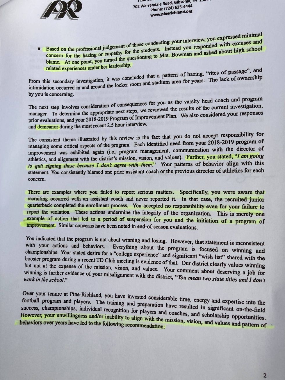 Letter from the Pine-Richland School District to football coach Eric Kasperowicz informing him that his contract would not be renewed.