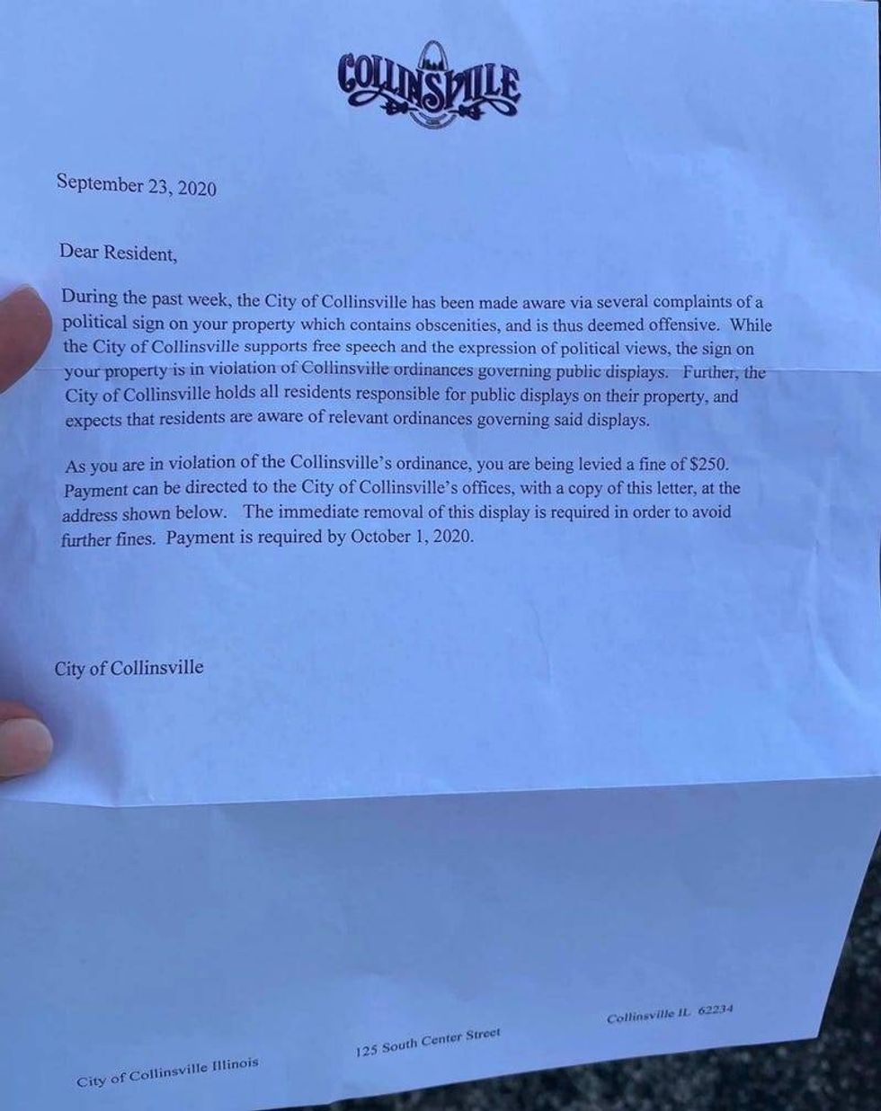 Letter send to Collinsville resident