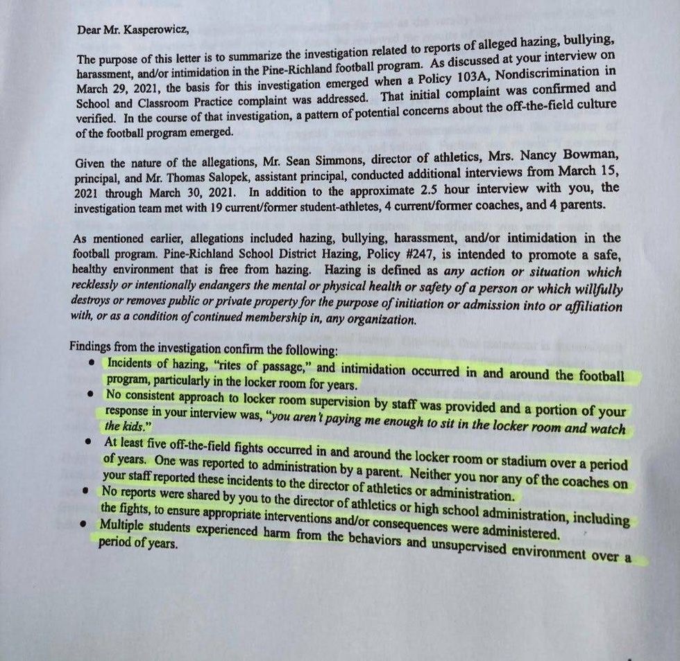 Letter to Eric Kasperowicz from Pine-Richland.