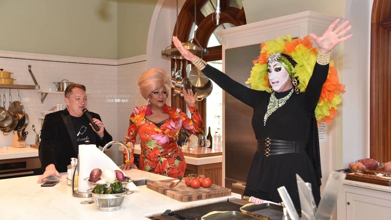 Liam Mayclem with Juanita More & Sister Roma at the Drag Queen Cook Off.