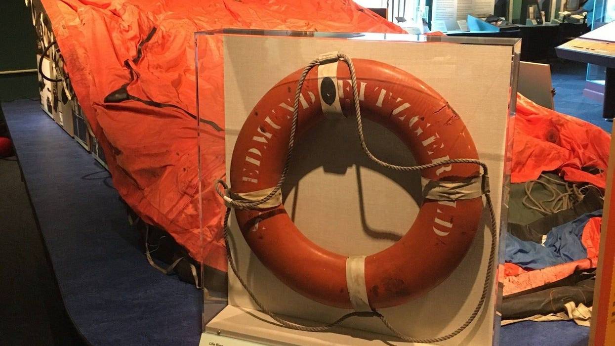 Life ring and life raft recovered after the sudden sinking of the S.S. Edmund Fitzgerald during a storm on Lake Superior in 1975. The items are displayed at the National Museum of the Great Lakes in Toledo, Ohio