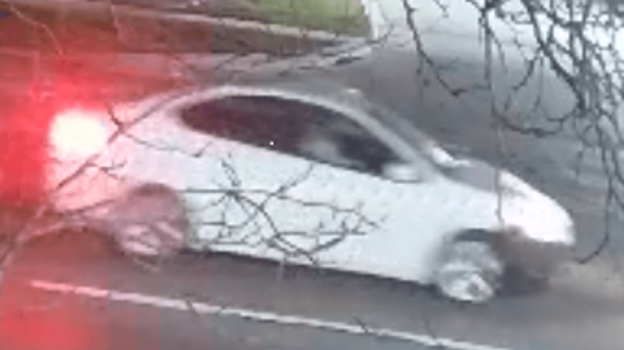 Light hatchback with glowing red brake light on blurry road, viewed through bare branches.