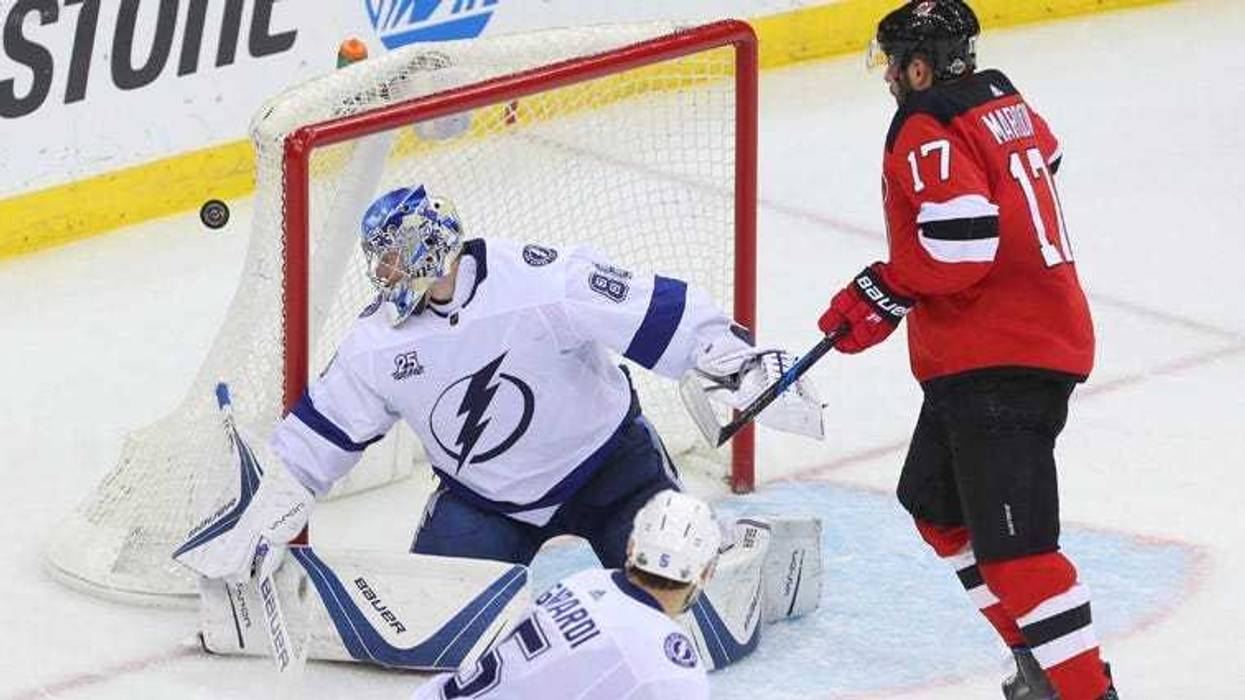 Lightning goalie Andrei Vasilevskiy makes a save during the third period of Game 4 of the first-round playoff series against the Devils on April 18, 2018, at the Prudential Center.