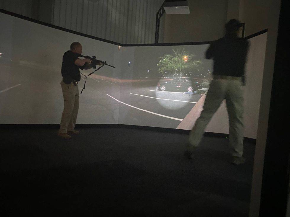 Lights darkened for nighttime simulation.