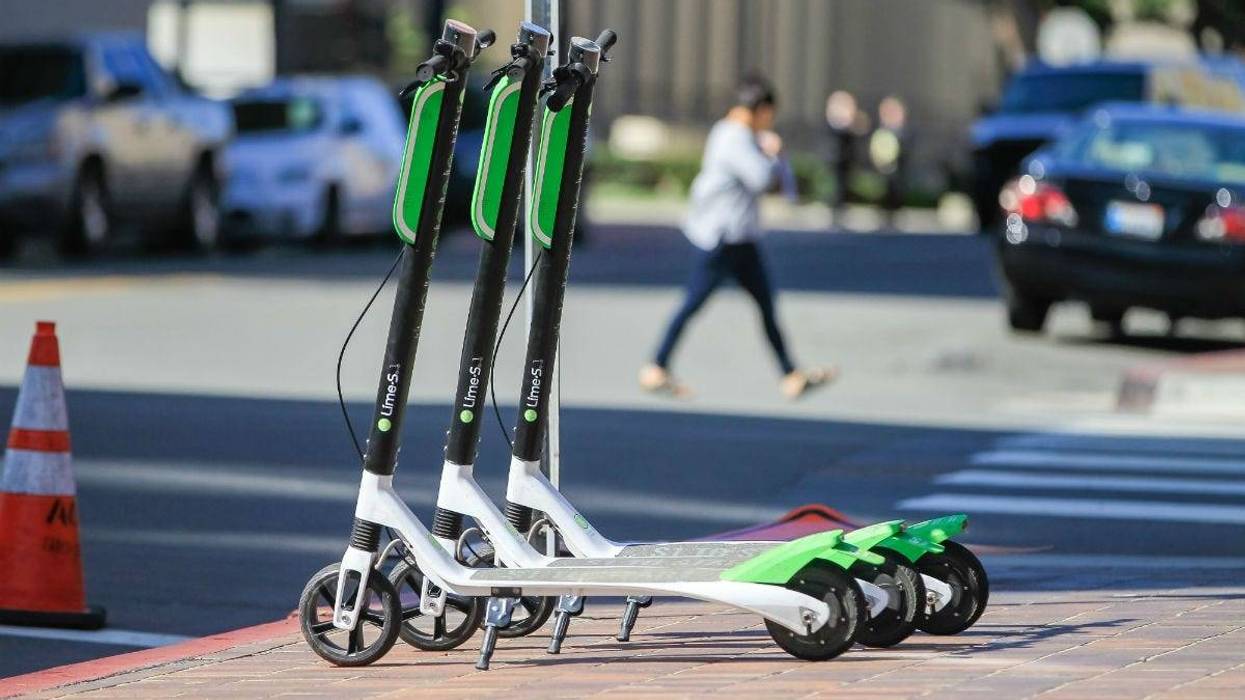 LimeBike scooters for rent on the corner of F Street and Front Street in downtown San Diego on March 1, 2018.