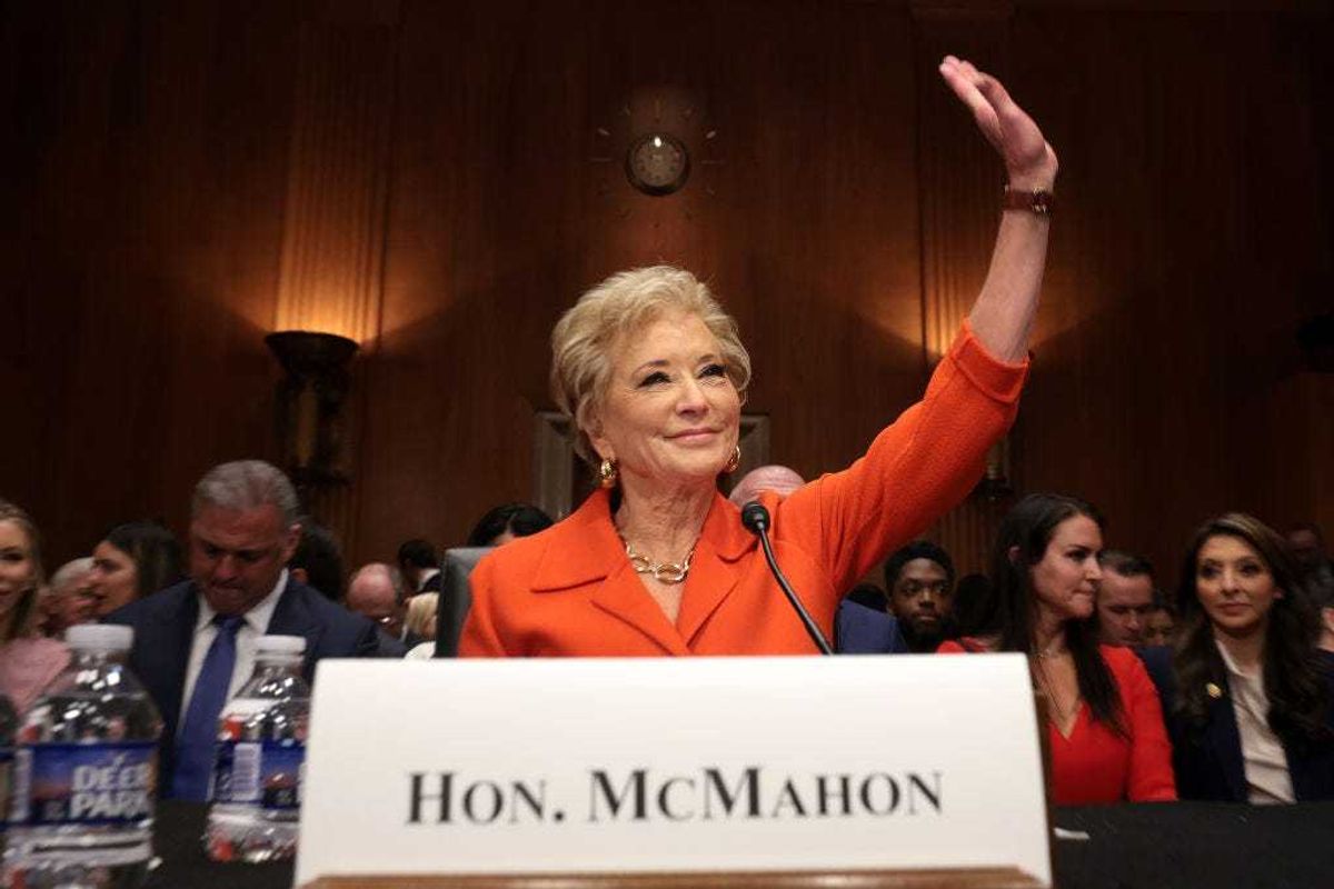 Linda McMahon, President Donald Trump’s nominee to be Secretary of Education, arrives for her Senate Health, Education, Labor and Pensions Committee confirmation hearing in the Dirksen Senate Office Building on February 13, 2025 in Washington, DC.