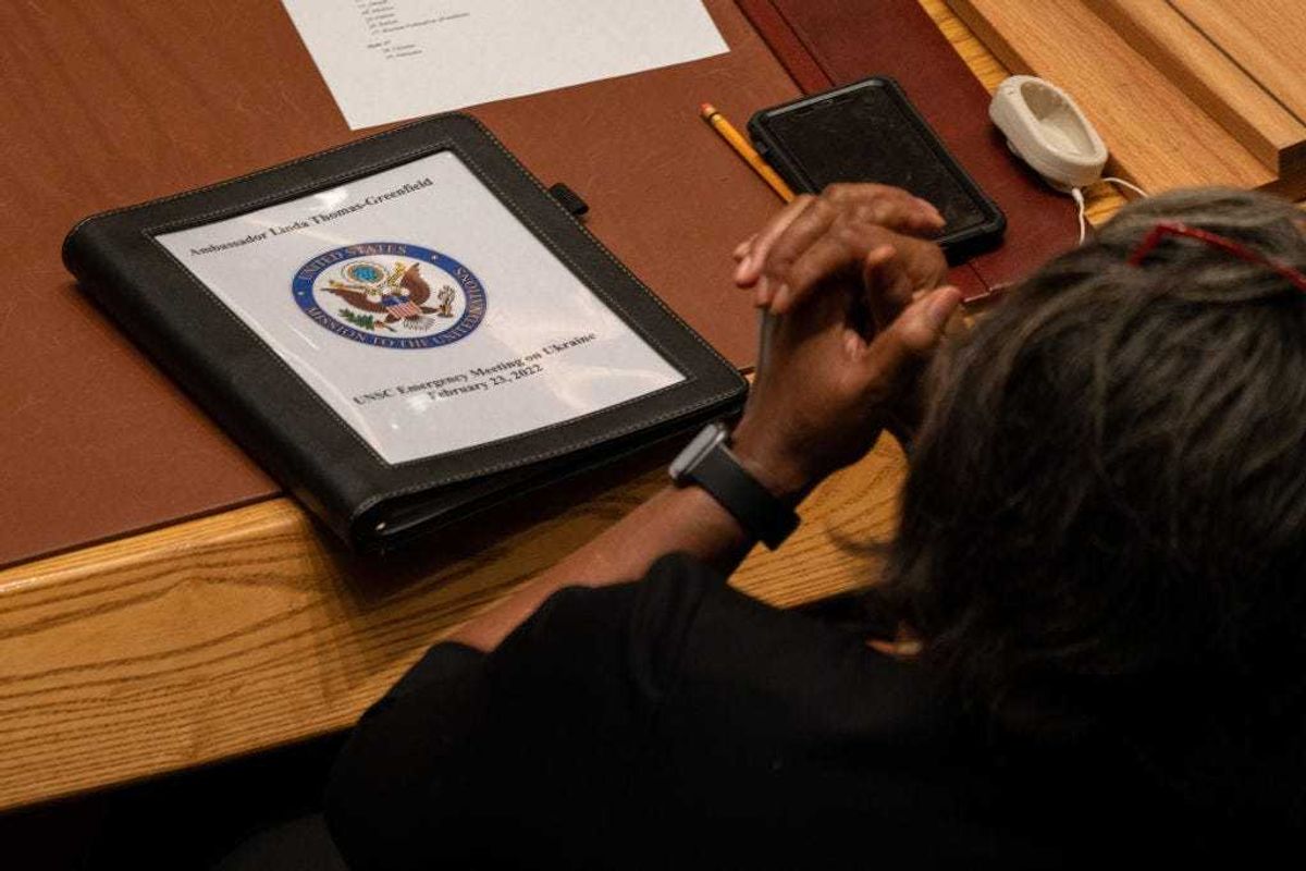 Linda Thomas-Greenfield, the United States ambassador to the United Nations, sits with her hands crossed after the United Nations security council gathered for an emergency meeting at the request of Ukraine over the threat of a full-scale invasion by Russia on February 23, 2022 in New York City. The Kremlin shared that two breakaway regions of Ukraine have requested protection. President Volodymyr Zelenskyy appealed to the Russian people in a televised address stating "The Ukrainian people want peace." (Photo by David Dee Delgado/Getty Images)