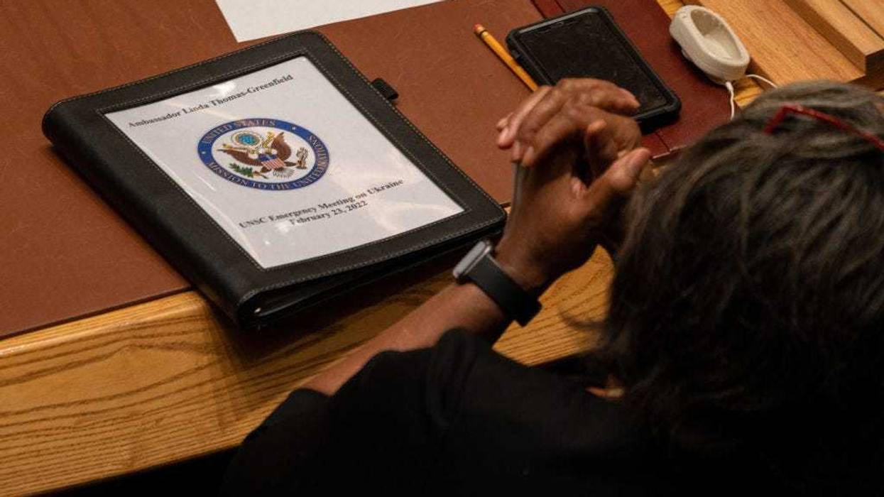 Linda Thomas-Greenfield, the United States ambassador to the United Nations, sits with her hands crossed after the United Nations security council gathered for an emergency meeting at the request of Ukraine over the threat of a full-scale invasion by Russia on February 23, 2022 in New York City. The Kremlin shared that two breakaway regions of Ukraine have requested protection. President Volodymyr Zelenskyy appealed to the Russian people in a televised address stating "The Ukrainian people want peace." (Photo by David Dee Delgado/Getty Images)