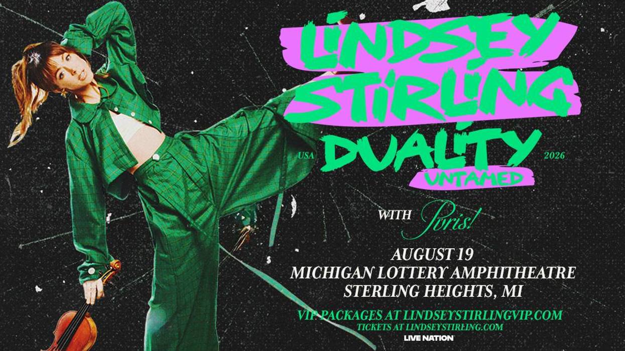 Lindsey Stirling concert poster. She's in a green plaid outfit, dynamic pose with a violin. Duality Untamed Tour.