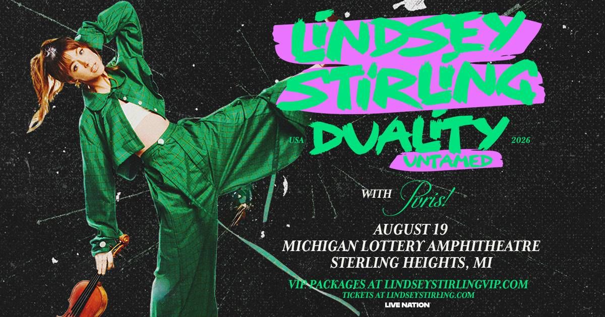 Lindsey Stirling in green poses with a violin for her Duality Untamed tour poster.