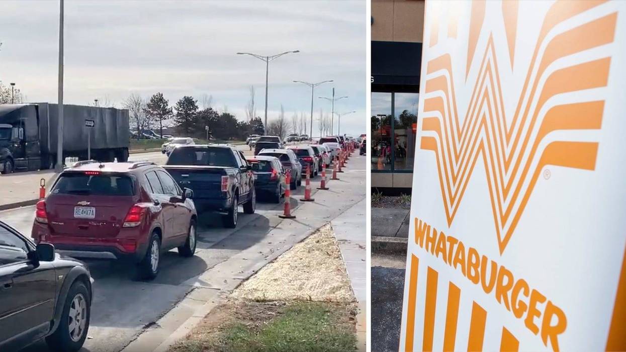Line of cars heading to a Whataburger fast food restaurant