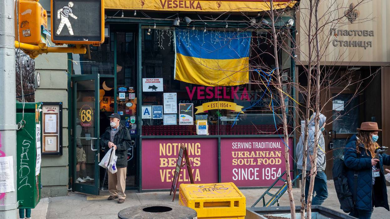 Lines of people outside Veselka Ukrainian restaurant in the East Village neighborhood of New York in New York on Saturday, March 5, 2022. Supporters of Ukraine are showing their support for the besieged country and are visiting businesses in the East Village neighborhood known as Little Ukraine.