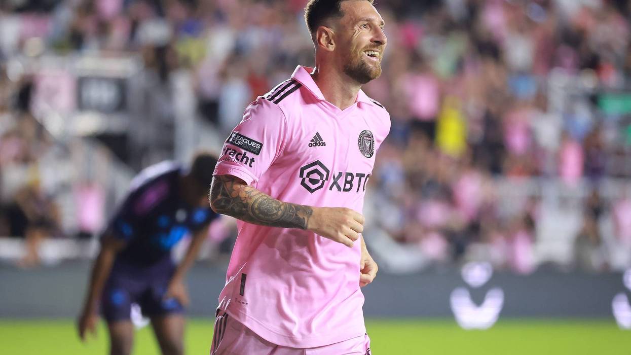 Lionel Messi, #10 of Inter Miami CF, celebrates after scoring a goal in the second half during the Leagues Cup 2023 quarterfinals match between Charlotte FC and Inter Miami CF at DRV PNK Stadium on Aug. 11, 2023, in Fort Lauderdale, Florida.