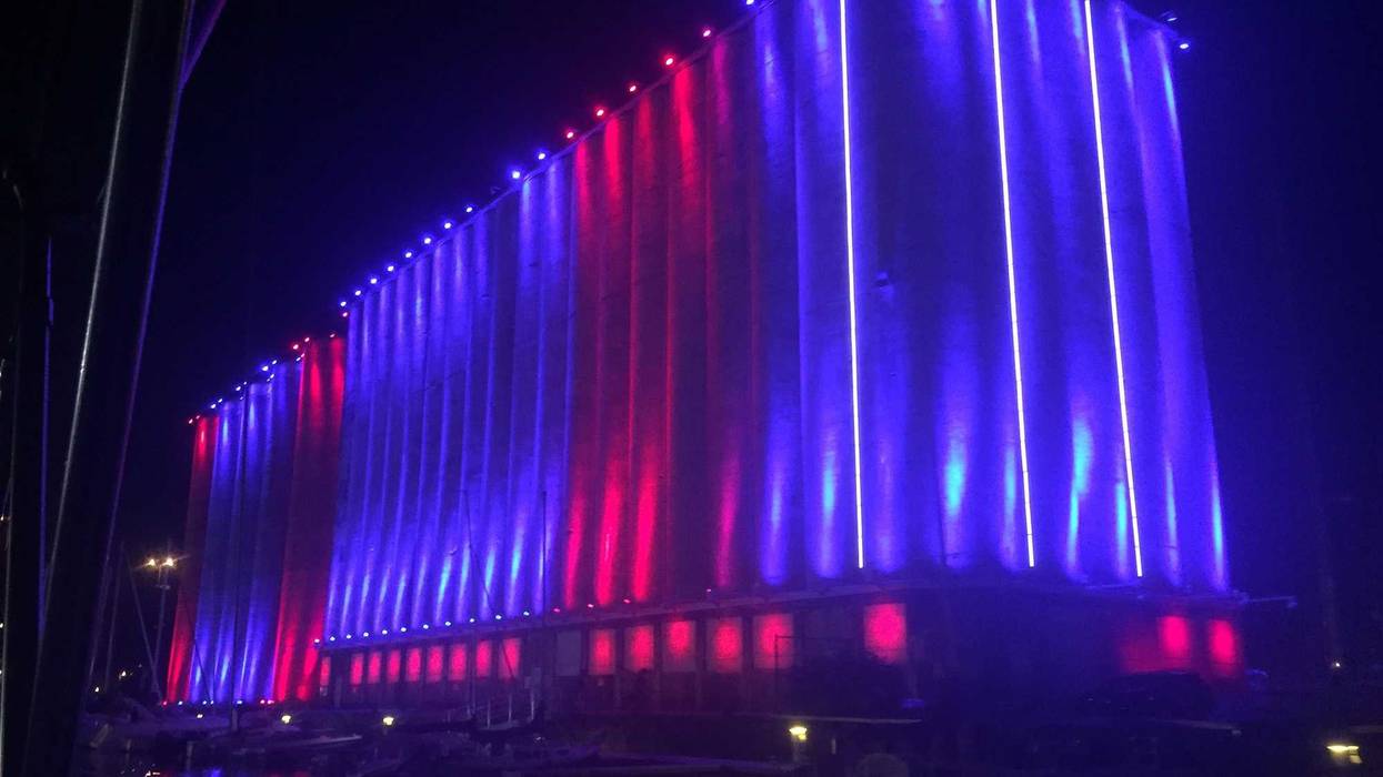 Lit up grain elevators at Canalside
