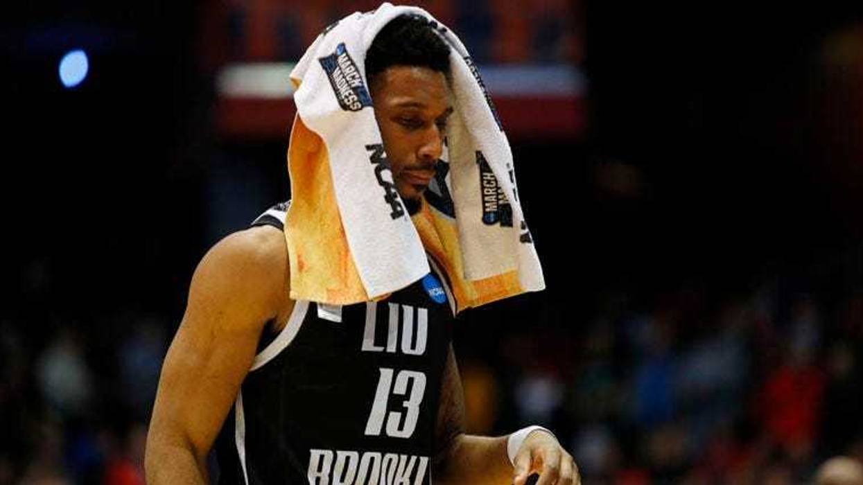 LIU Brooklyn's Jamall Robinson reacts after losing to Radford on March 13, 2018, in the NCAA tournament in Dayton, Ohio.