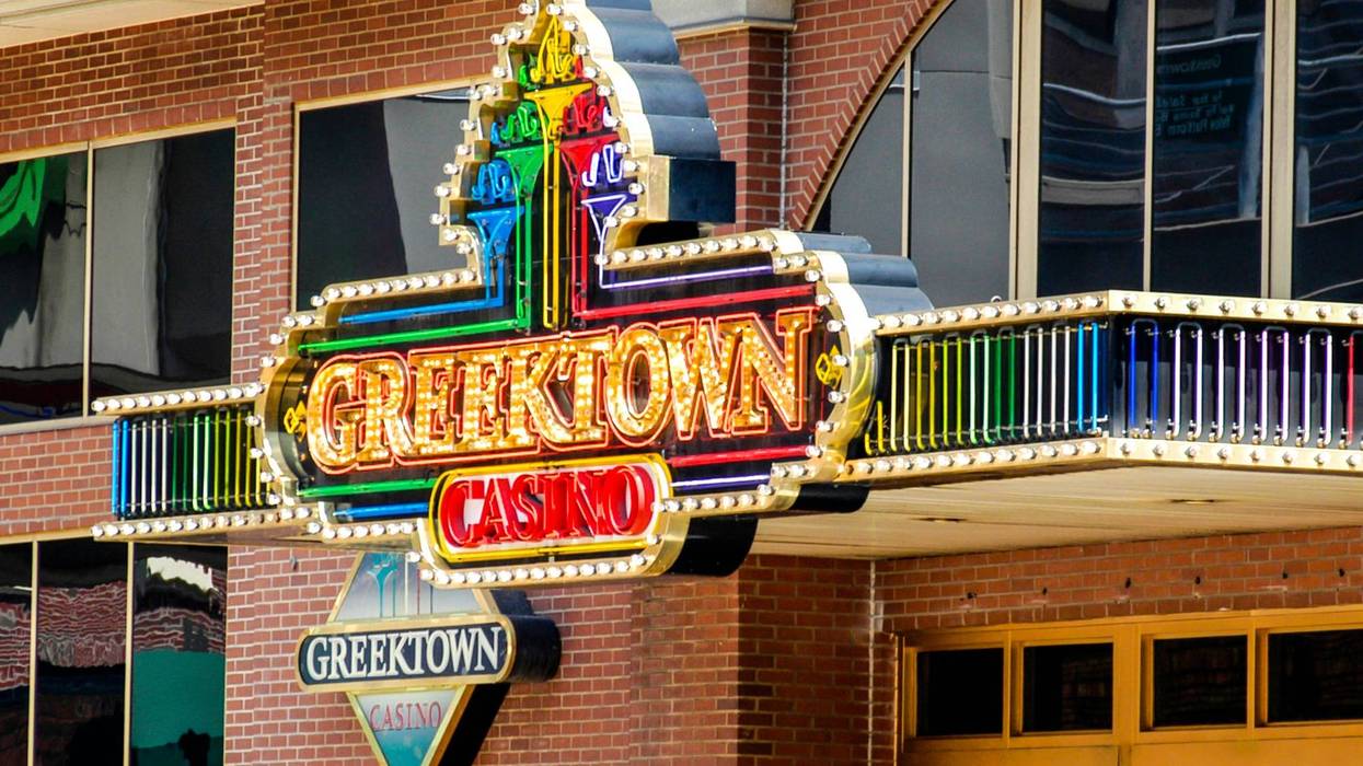 lluminated sign outside the Greektown Casino hotel in Detroit's historic district.