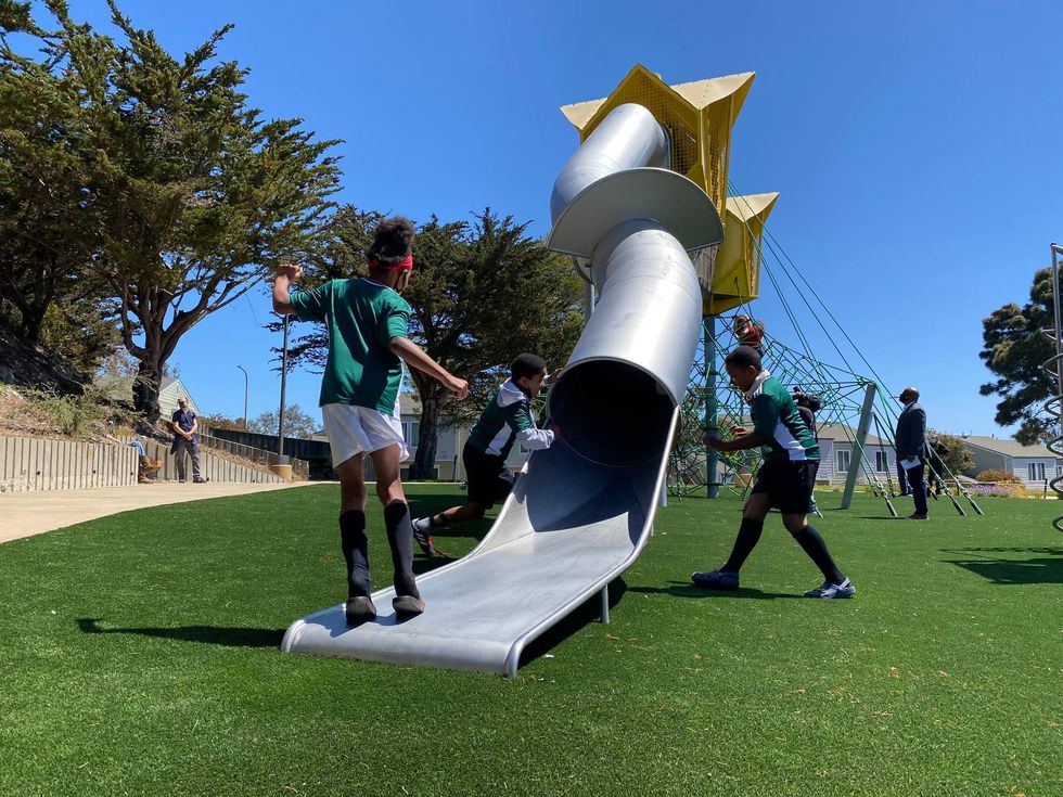 Local kids play at the renovated multi-million dollar Shoreview Park in Bayview-Hunters Point, San Francisco, June 7, 2021.