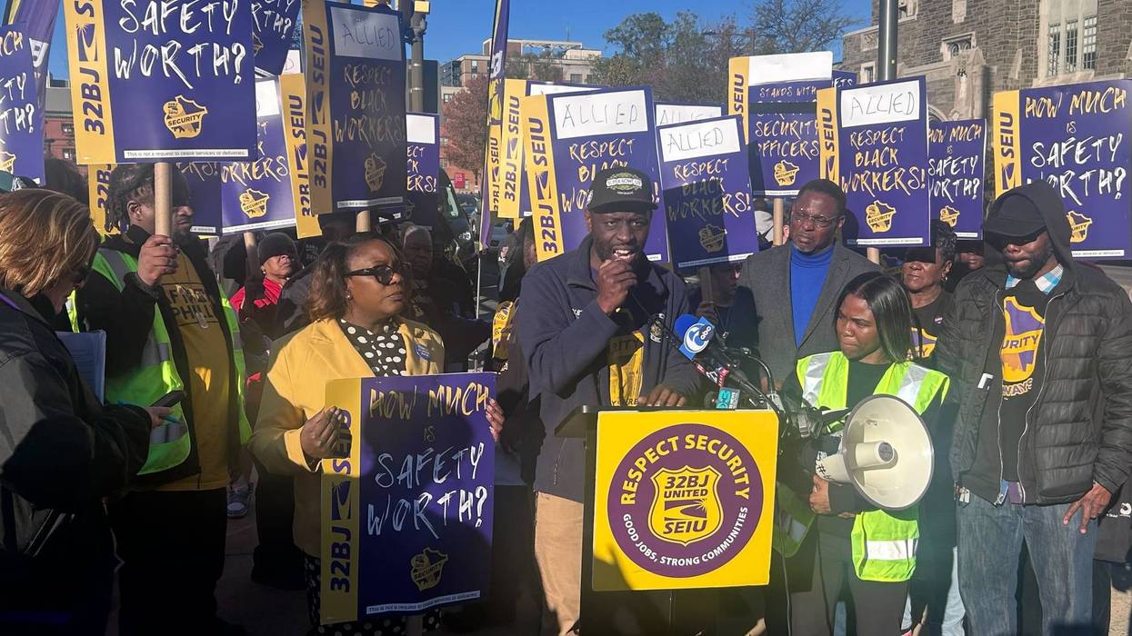 Local members of 32BJ SEIU, a union representing mostly building workers, speak at a rally at Temple University