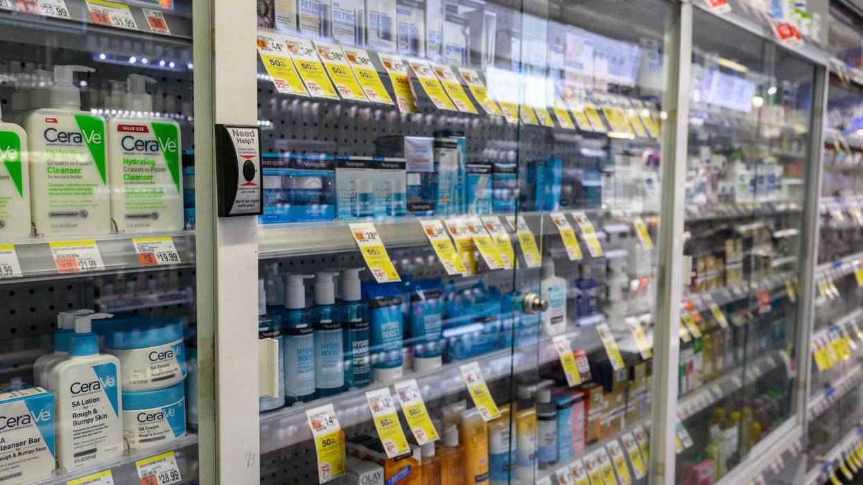 Locked-up items to prevent shoplifting are seen at a Duane Reade drugstore and pharmacy in New York City on August 24, 2023