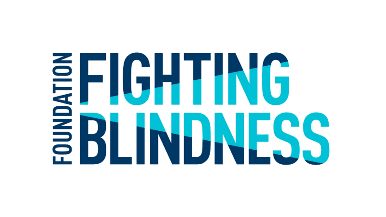 logo for foundation fighting blindness. dark blue letters with lighter blue cast over some of them like a spotlight