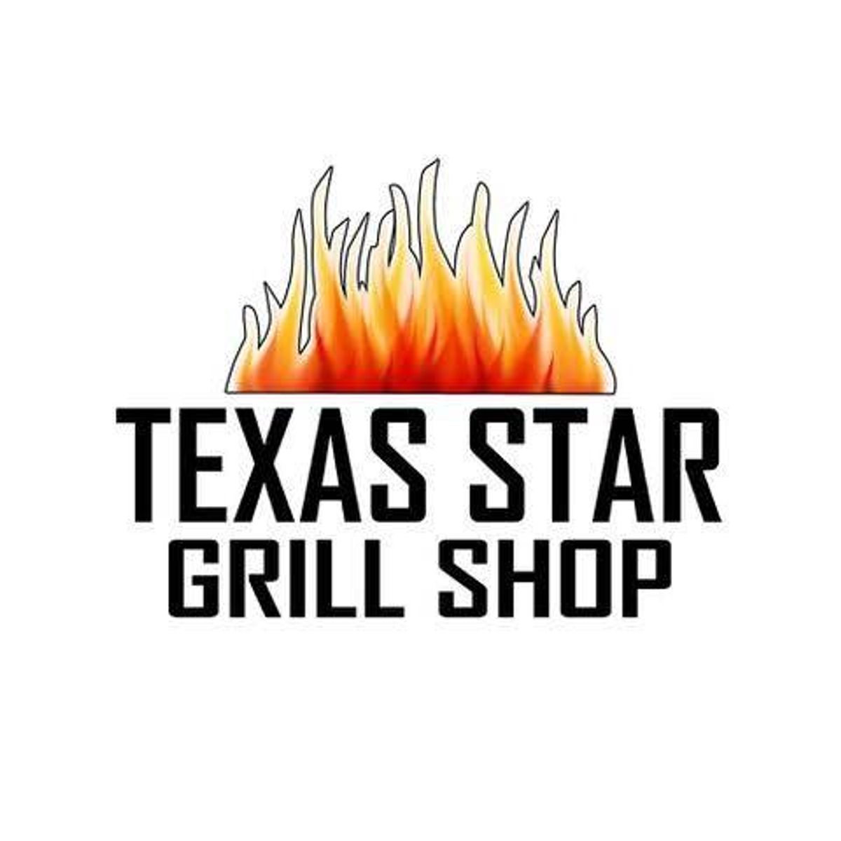 Logo for Texas Star Grill Shop, with orange and red flames above the text.